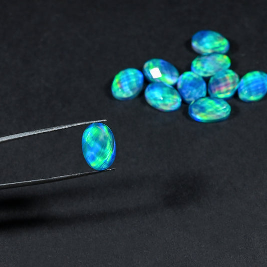Aurora Opal Doublet Oval checker Cut, Fire Opal 10 Pcs Wholesale lot, Opal Doublet Gemstone, 10X14mm Oval, For Making Jewellery