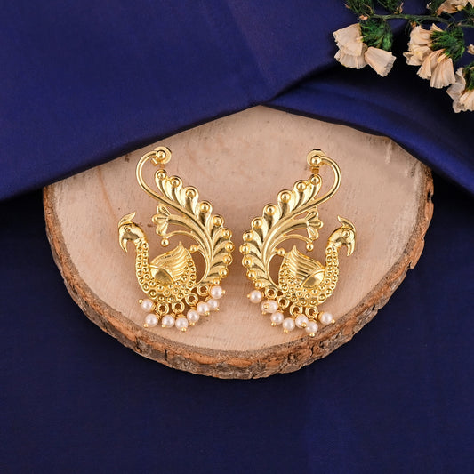 Brass Gold Plated Peacock Stud Earrings with Pearl Drops – Traditional Handmade Jewelry