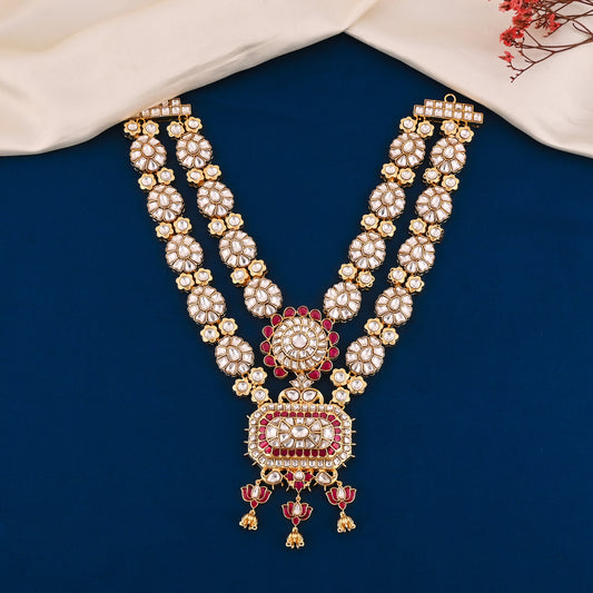Brass Kundan Polki Layered Necklace – Gold Plated Bridal Jewelry with Red Accents