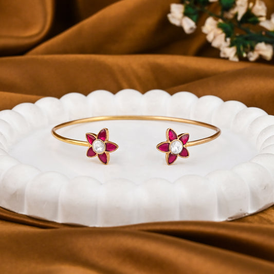 Brass Handmade Floral Kundan Cuff Bangle – 18K Gold Plated Adjustable Bracelet