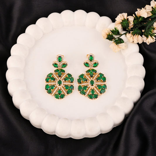 Green CZ Floral Drop Earrings – Gold Plated Bridal Statement Jewelry