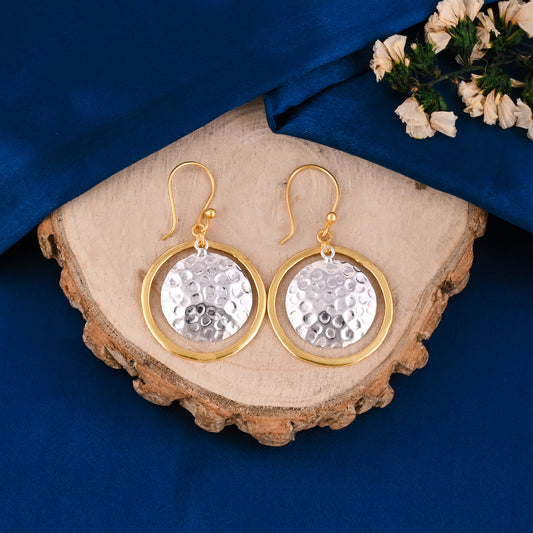 Hammered Dual-Tone Round Brass Earrings – Silver & Gold Plated Dangles