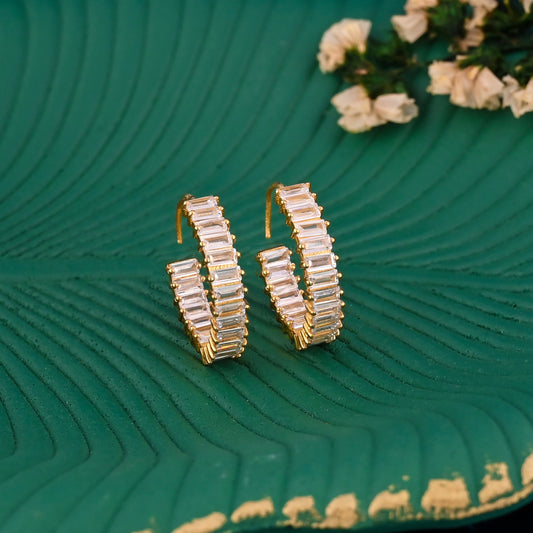 Elegant Baguette CZ Hoop Earrings – 18K Gold Plated Brass