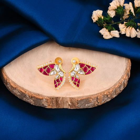 Kundan Peacock Stud Earrings with Ruby Red Enamel | Gold Plated Brass Traditional Earrings