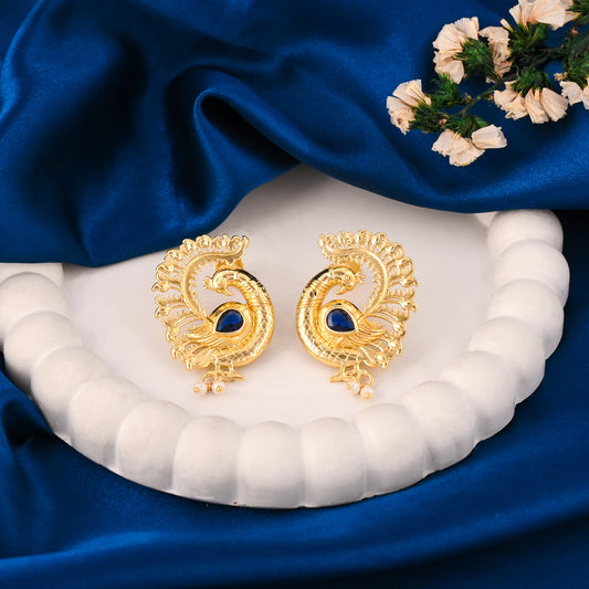 Gold-Plated Peacock Stud Earrings – Brass, Ethnic Style