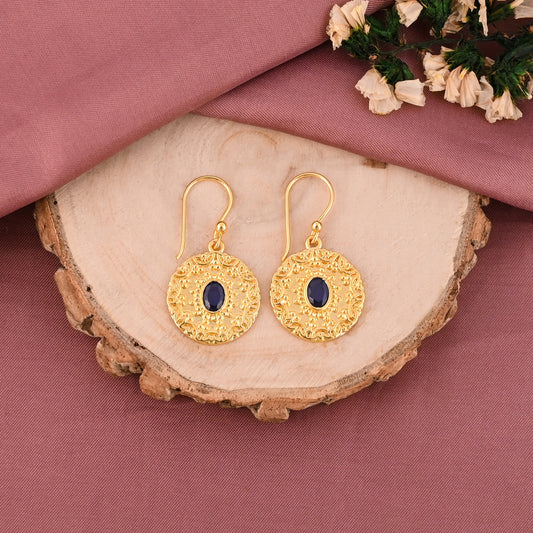 Gold Plated Round Filigree Earrings with Navy Blue Stone – Handmade Brass Dangle Earrings