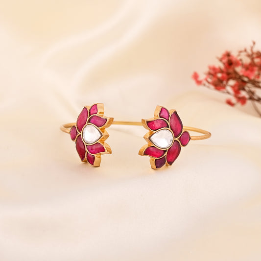 Handmade Kundan Brass Cuff Bangle | Pink Lotus Kundan Open Kada | Adjustable Gold Plated Bracelet