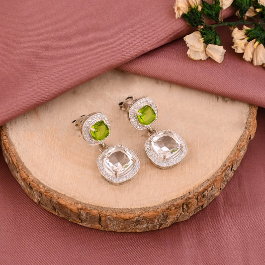 6.20mm Cushion Cut Hydro Peridot & White Topaz Statement Earrings | Dangle Earrings In 925 Sterling Silver