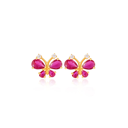 925 Silver Butterfly Earrings | Gold Plated Sterling Silver Studs with Ruby CZ Stones | Cute Minimalist Jewelry for Women & Girls