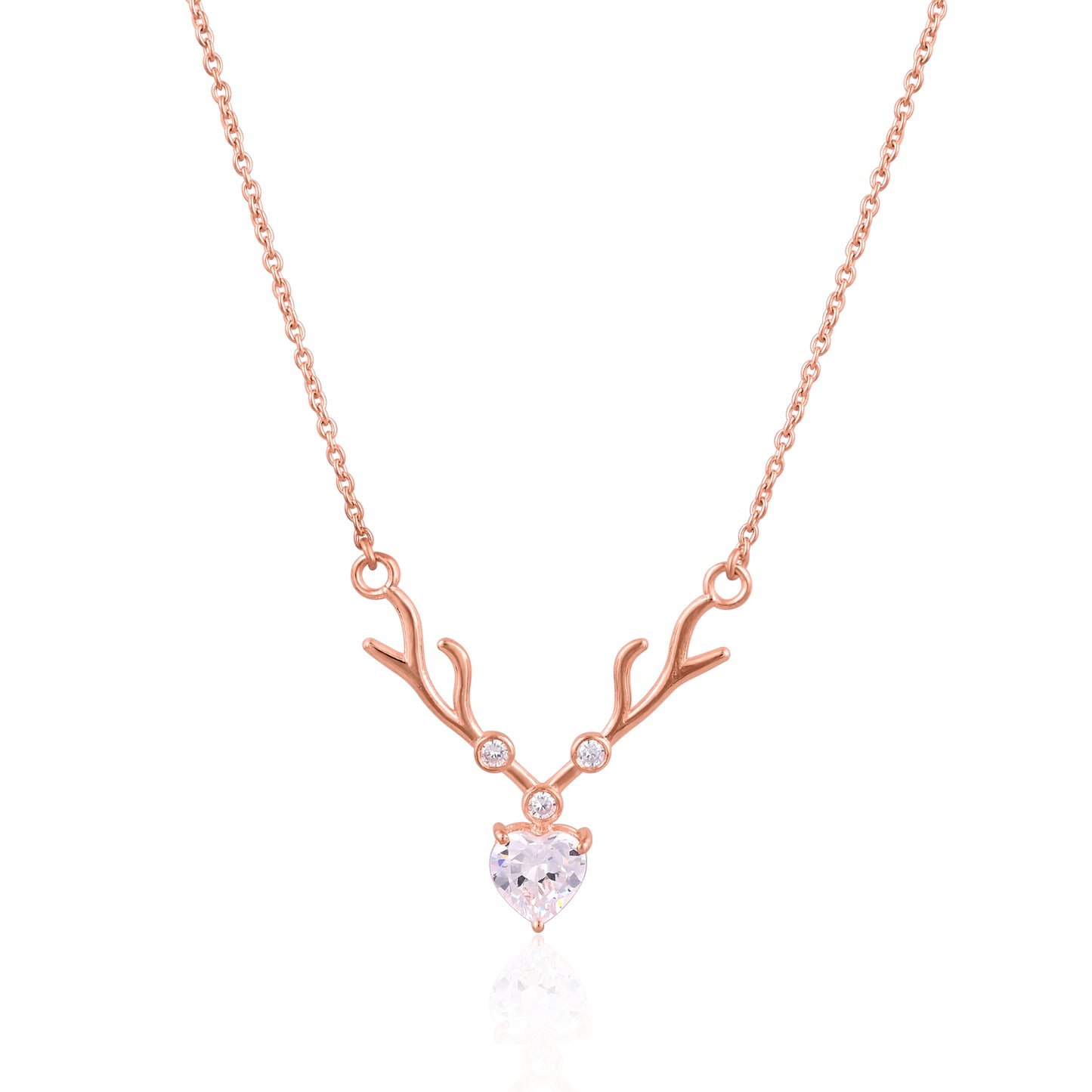 925 Silver Rose Gold Antler Necklace | Heart CZ Pendant Sterling Silver Chain | Dainty Reindeer Necklace for Women & Girls