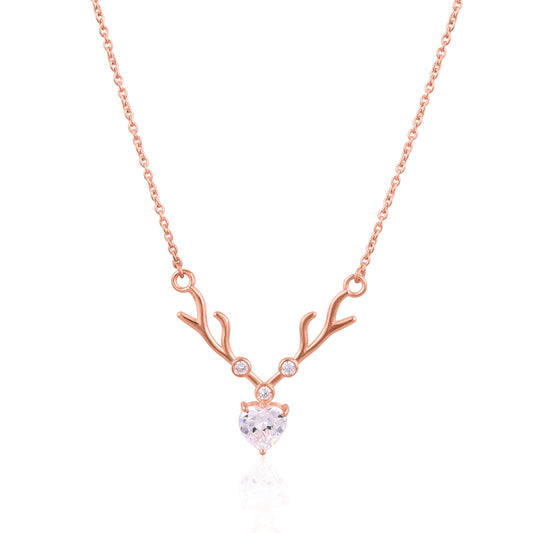 925 Silver Rose Gold Antler Necklace | Heart CZ Pendant Sterling Silver Chain | Dainty Reindeer Necklace for Women & Girls
