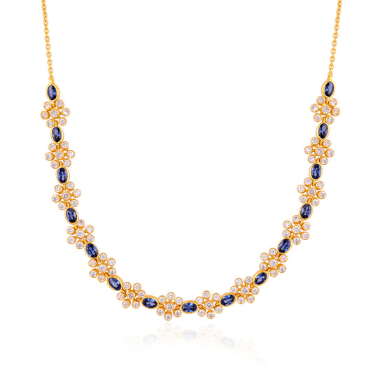 925 Silver Gold Plated Necklace with Blue Sapphire and Cubic Zirconia Floral Design