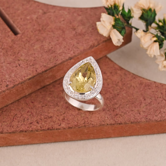 Natural Lemon Quartz CZ 925 Silver Cocktail Ring