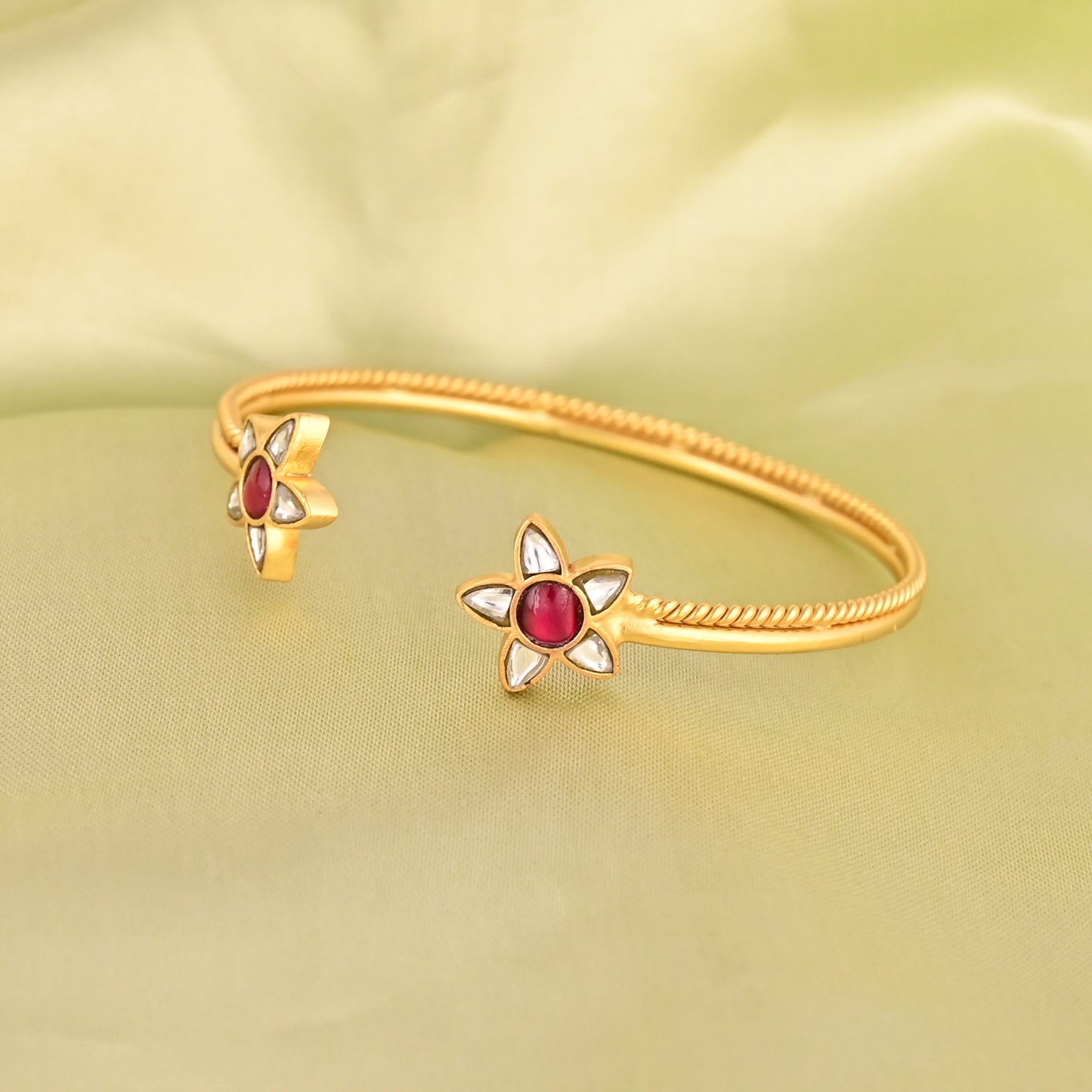 Gold-Plated Brass Kundan Floral Open Cuff Bangle – Traditional Indian Bracelet