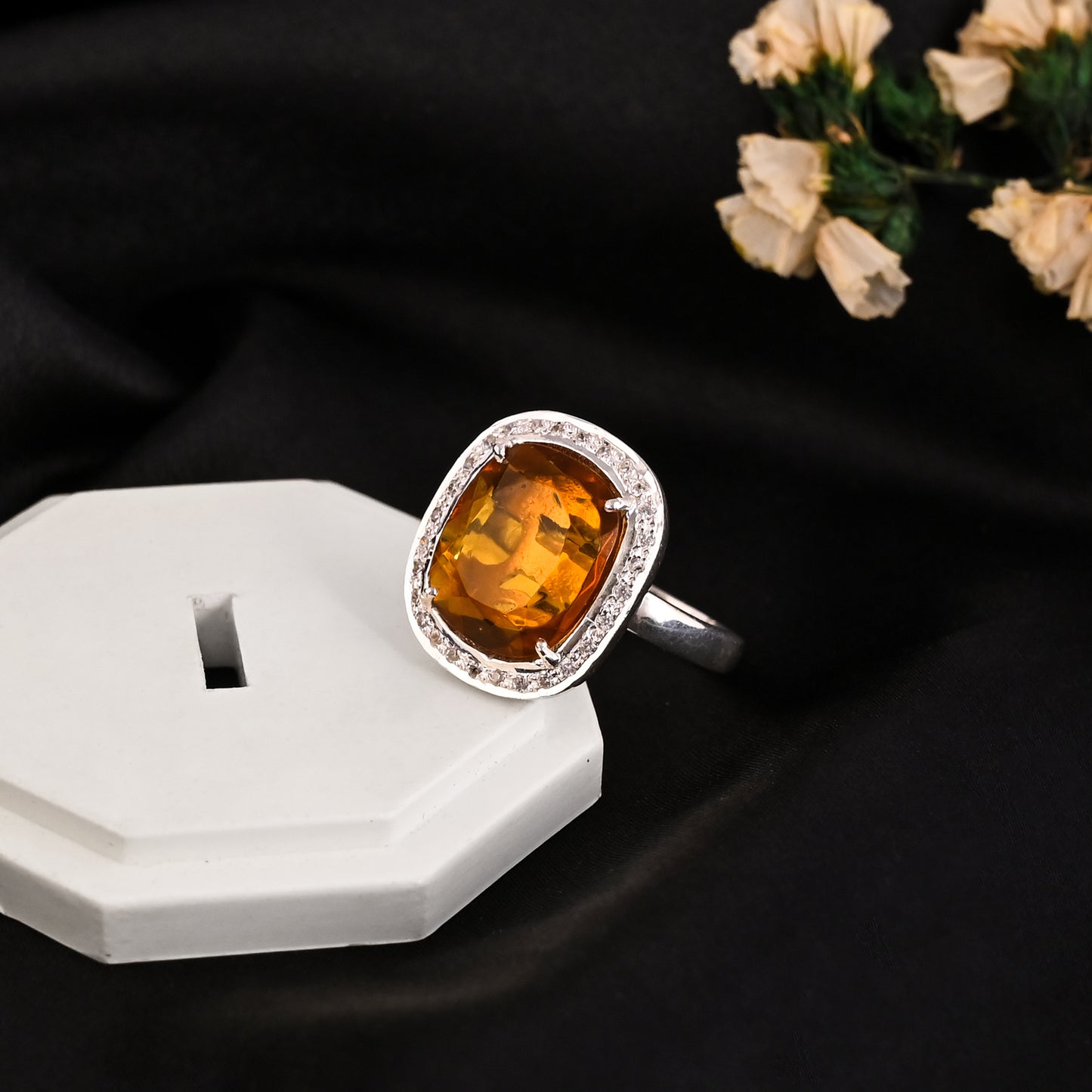 Natural Orange Citrine With Studded CZ 925 Silver Ring