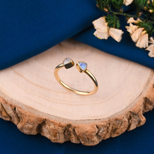 Natural Rainbow Moonstone Minimalist 925 Sterling Silver Adjustable Ring
