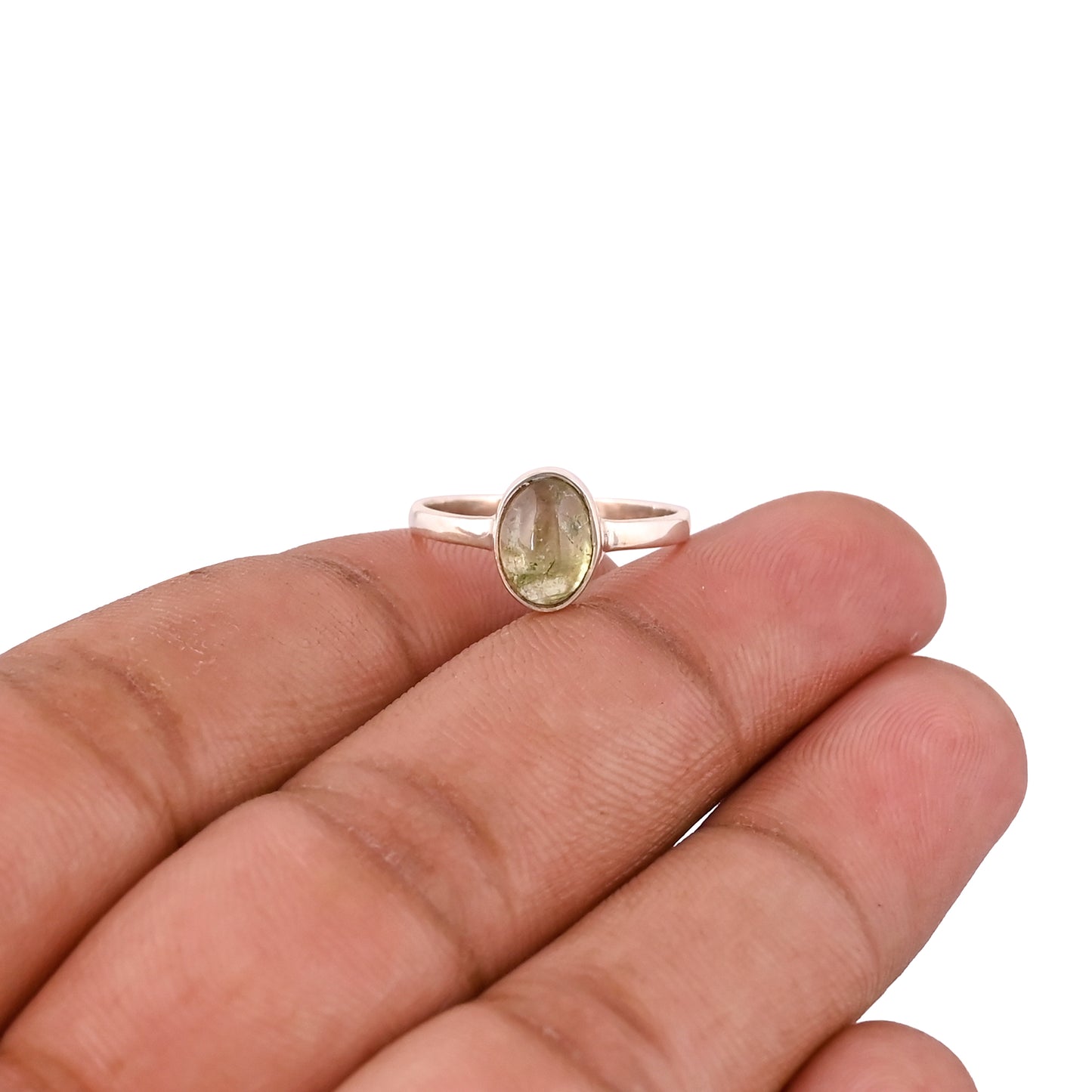 Natural Green Tourmaline 8X6mm Oval Cabochon 925 Sterling Silver Ring