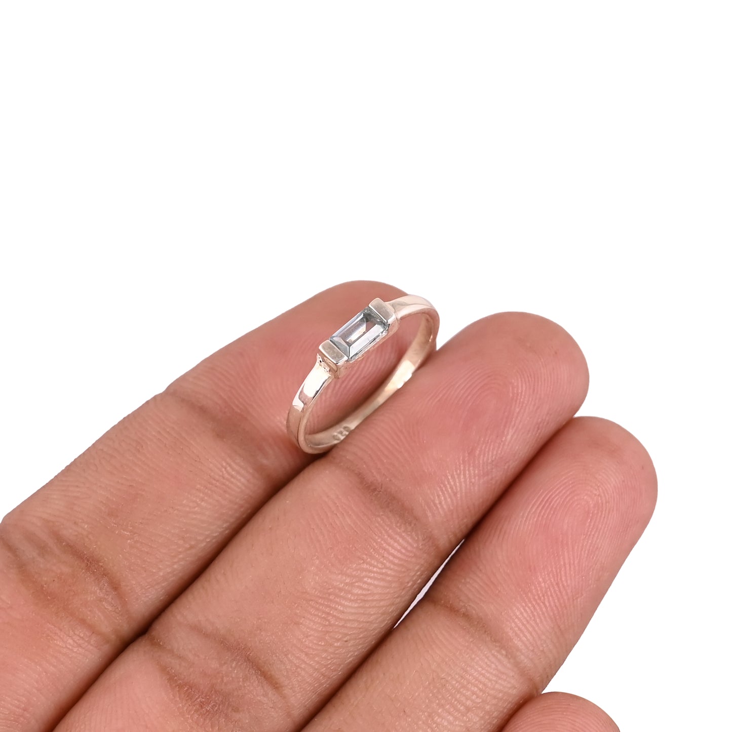 Blue Cz Baguette Dainty 925 Sterling Silver Unisex Ring