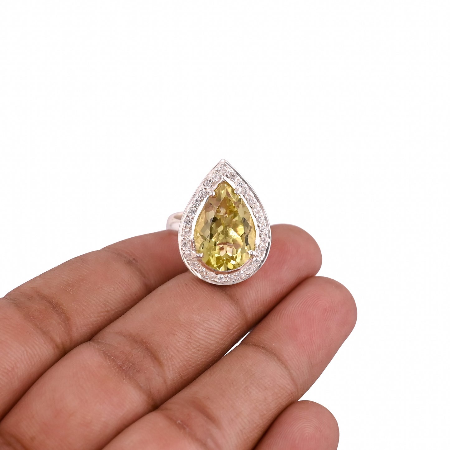 Natural Lemon Quartz CZ 925 Silver Cocktail Ring