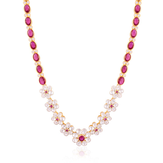 Floral Necklace in 925 Silver with Ruby Red and White CZ Stones – Designer Jewelry