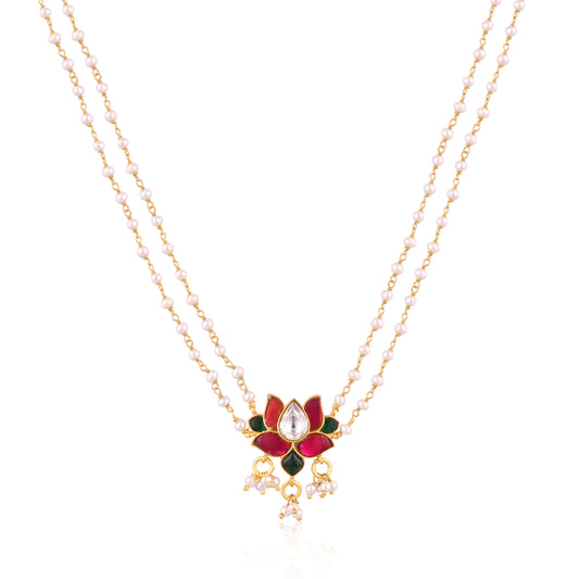 925 Silver Lotus Pendant Necklace with Pearl Beads | Traditional Kundan Jewelry for Women