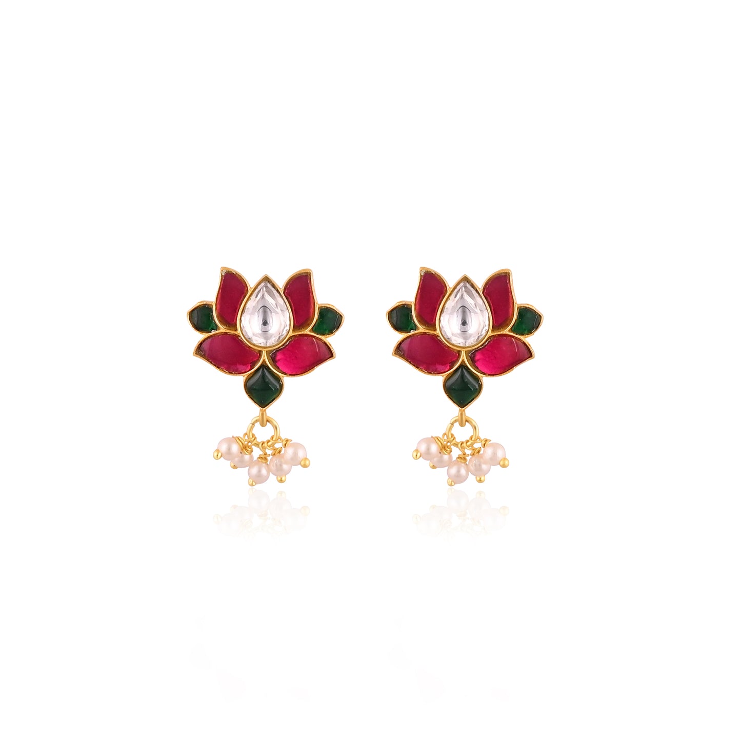 925 Silver Lotus Earring with Pearl Beads | Traditional Kundan Enamel Jewelry for Women