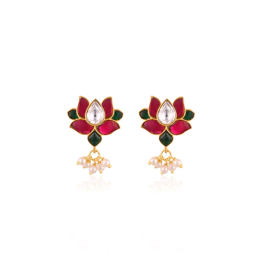 925 Silver Lotus Earring with Pearl Beads | Traditional Kundan Enamel Jewelry for Women