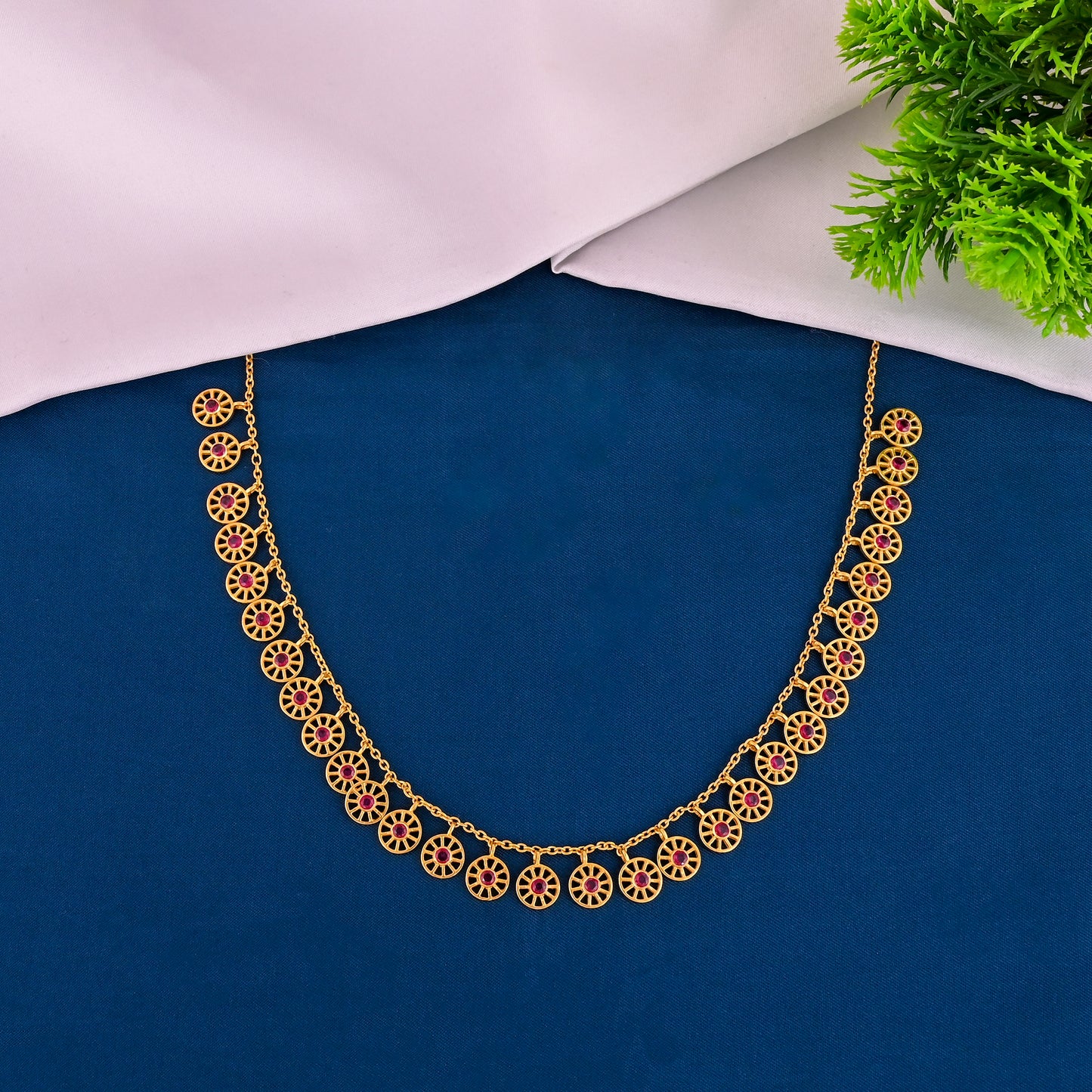 925 Silver Gold Plated Necklace | Sterling Silver Pink CZ Coin Design Necklace | Traditional Indian Jewelry for Women & Girls