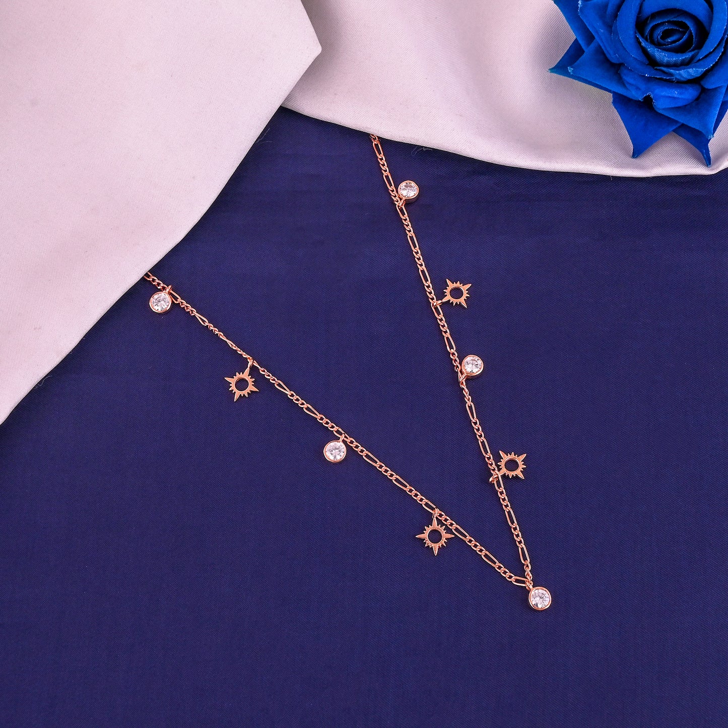 925 Silver Rose Gold Plated Necklace with CZ Charms | Dainty Starburst Pendant Chain for Women
