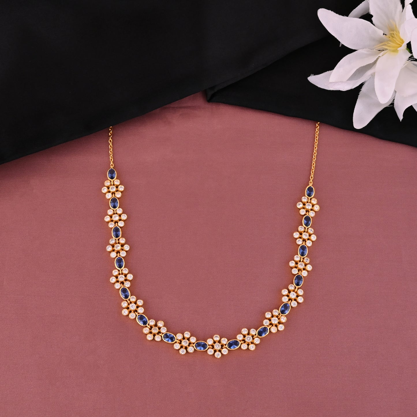 925 Silver Gold Plated Necklace with Blue Sapphire and Cubic Zirconia Floral Design