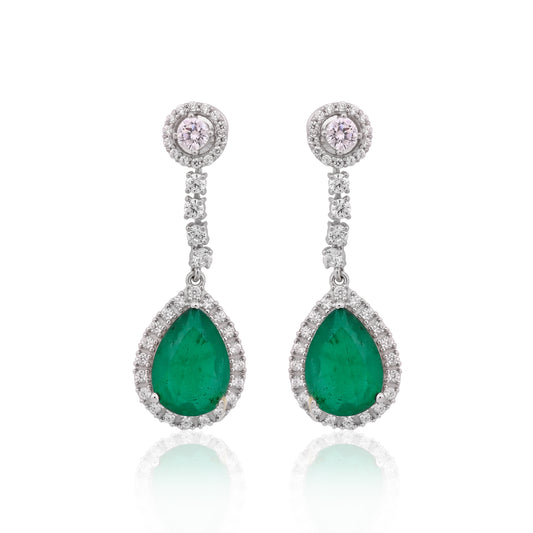 925 Silver Pear Cut Green Emerald Drop Earrings with CZ Halo | Elegant Gemstone Dangle Earrings | Fine Jewelry Gift for Women