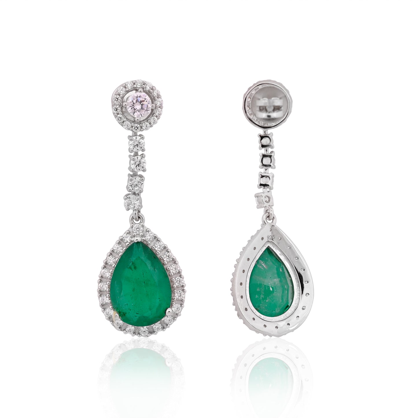 925 Silver Pear Cut Green Emerald Drop Earrings with CZ Halo | Elegant Gemstone Dangle Earrings | Fine Jewelry Gift for Women