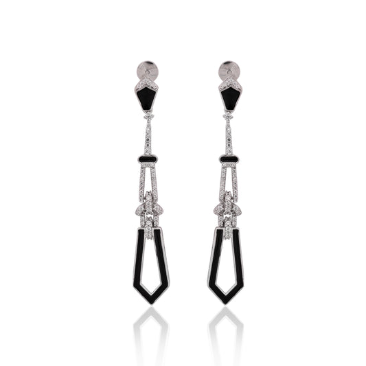925 Silver Black Enamel & CZ Long Drop Earrings – Vintage-Inspired Statement Jewelry