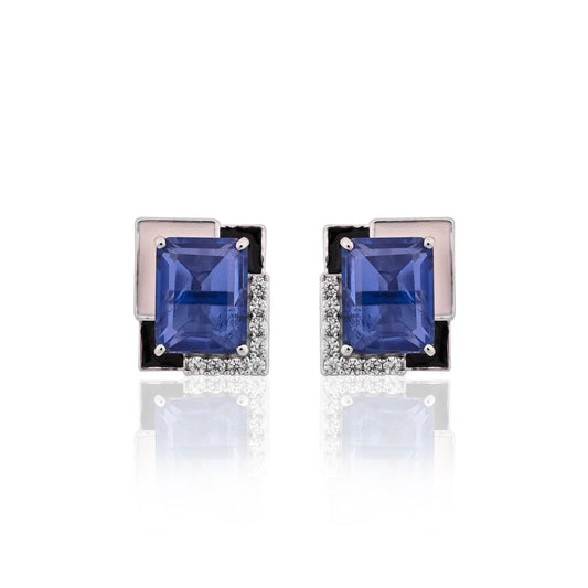 925 Silver Blue Sapphire Doublet Stud Earrings | Geometric Design with Black Enamel & CZ | Elegant Sterling Silver Gemstone Jewelry