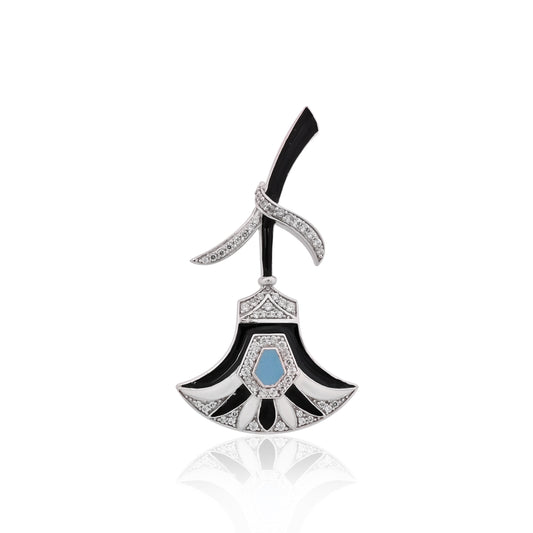 925 Sterling Silver Black & White Enamel With Cubic Zirconia Unisex Broach