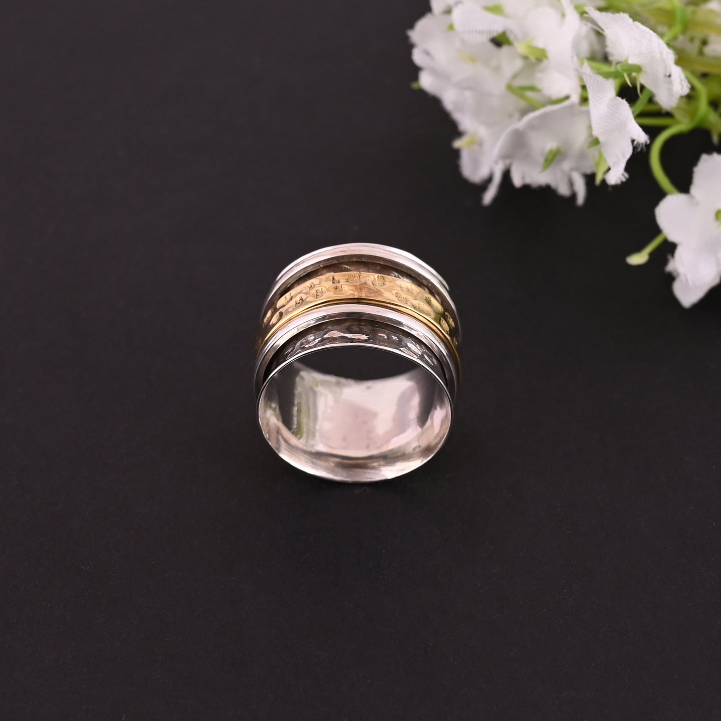 925 Sterling silver Ring, Handmade Spinner Ring, Two Tone Ring, Textured Ring, Wide Band ring With Gold Tone, Thumb Ring For Men or Women