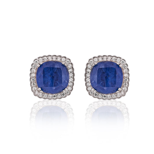 925 Sterling Silver Cushion-Cut Blue Sapphire Doublet Stud Earrings with White AAA CZ Accents – Elegant Gemstone Jewelry for Women