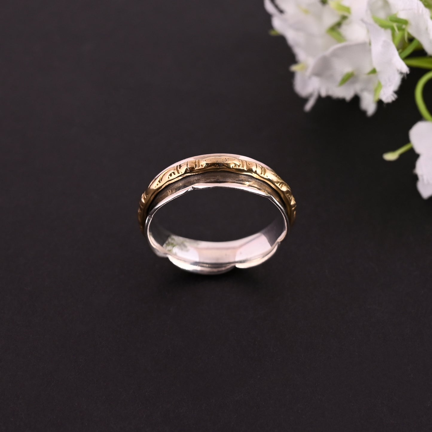 Two Tone Spinner Ring, Sterling Silver Ring, Unisex Ring, Textured Ring, Handmade Designer Ring, Minimalist Ring, Ring For Valentine's Gift