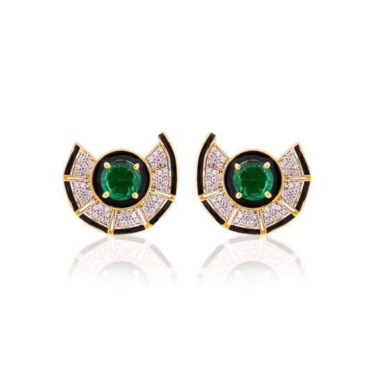 925 Silver Emerald Doublet Stud Earrings | Gold Plated Sterling Silver with CZ & Black Enamel | Art Deco Green Gemstone Jewelry