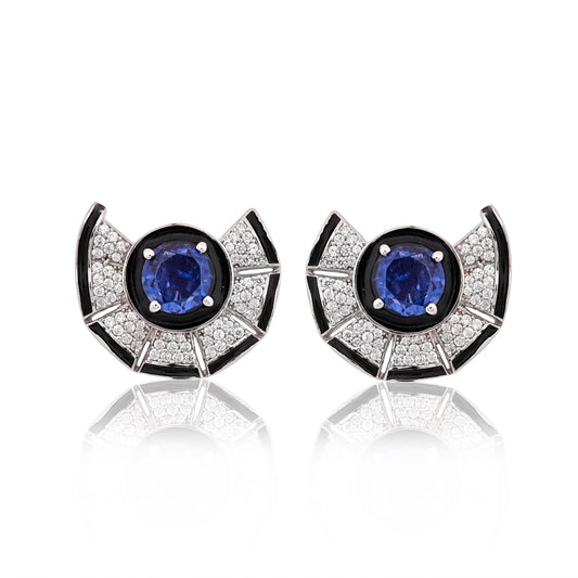 925 Silver Blue Sapphire Doublet Stud Earrings with Black Enamel & CZ Accents – Modern Art Deco Jewelry
