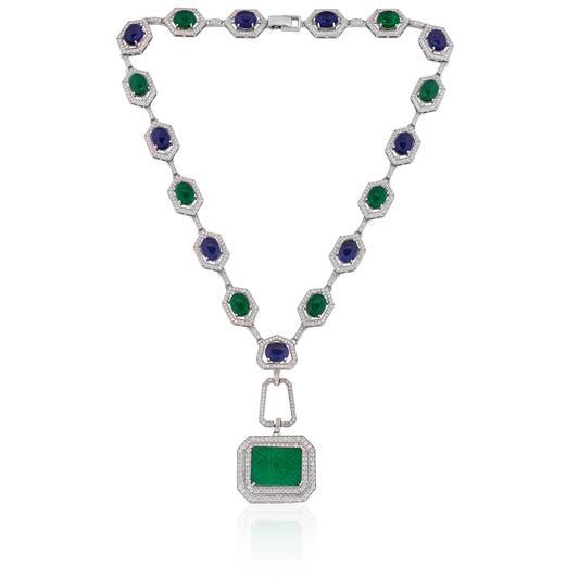 925 Silver Blue Sapphire & Emerald Doublet Necklace with CZ Accents and Carved Green Pendant – Luxury Statement Jewelry