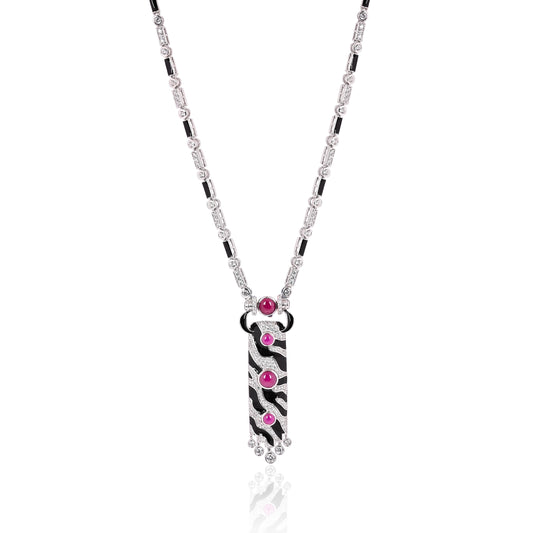 925 Silver Black Enamel Necklace with Pink Tourmaline Hydro & CZ – Vintage-Inspired Statement Jewelry