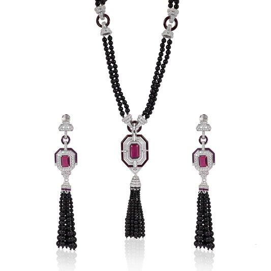 Art Deco 925 Silver Necklace & Earrings Set with Rhodolite Doublet, Enamel & Black Bead Tassels – Statement Jewelry