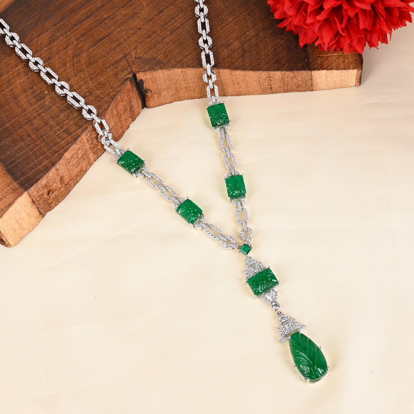 925 Silver Carved Emerald Doublet Necklace with CZ Accents – Luxury Statement Pendant Jewelry