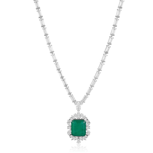 925 Silver Emerald Cut Green Emerald Pendant Necklace with CZ Halo | Elegant Bridal Statement Jewelry | Fine Gift for Women
