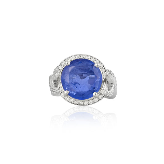 Elegant 925 Silver Ring with Blue Sapphire Doublet & CZ Halo – Statement Cocktail Jewelry