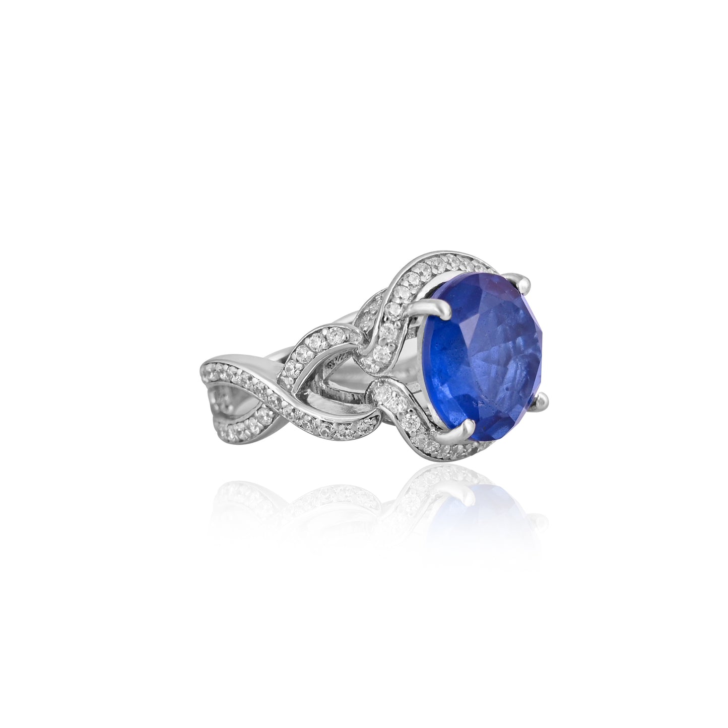 Elegant 925 Silver Ring with Blue Sapphire Doublet & CZ Halo – Statement Cocktail Jewelry