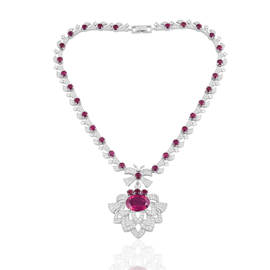 925 Silver Rhodolite Doublet Necklace | Lotus Design with CZ Accents | Elegant Sterling Silver Bridal & Statement Jewelry