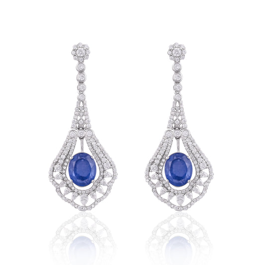 925 Silver Blue Sapphire Oval Doublet Drop Earrings with CZ Accents | Elegant Bridal Dangle Earrings | Fine Gemstone Jewelry for Women