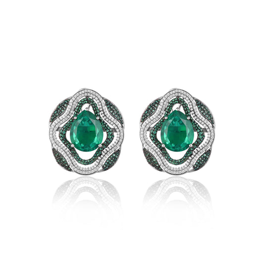 Luxury 925 Silver Stud Earrings with Emerald Doublet & CZ – Designer Statement Green Stone Jewelry